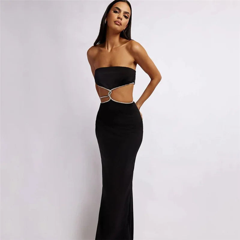 Elegant Female Midnight Prom Maxi Dresses Women Sexy Solid Cutouts Open Waist Open Back Slim Dresses Sleeveless Vestidos Wofashion.xyz