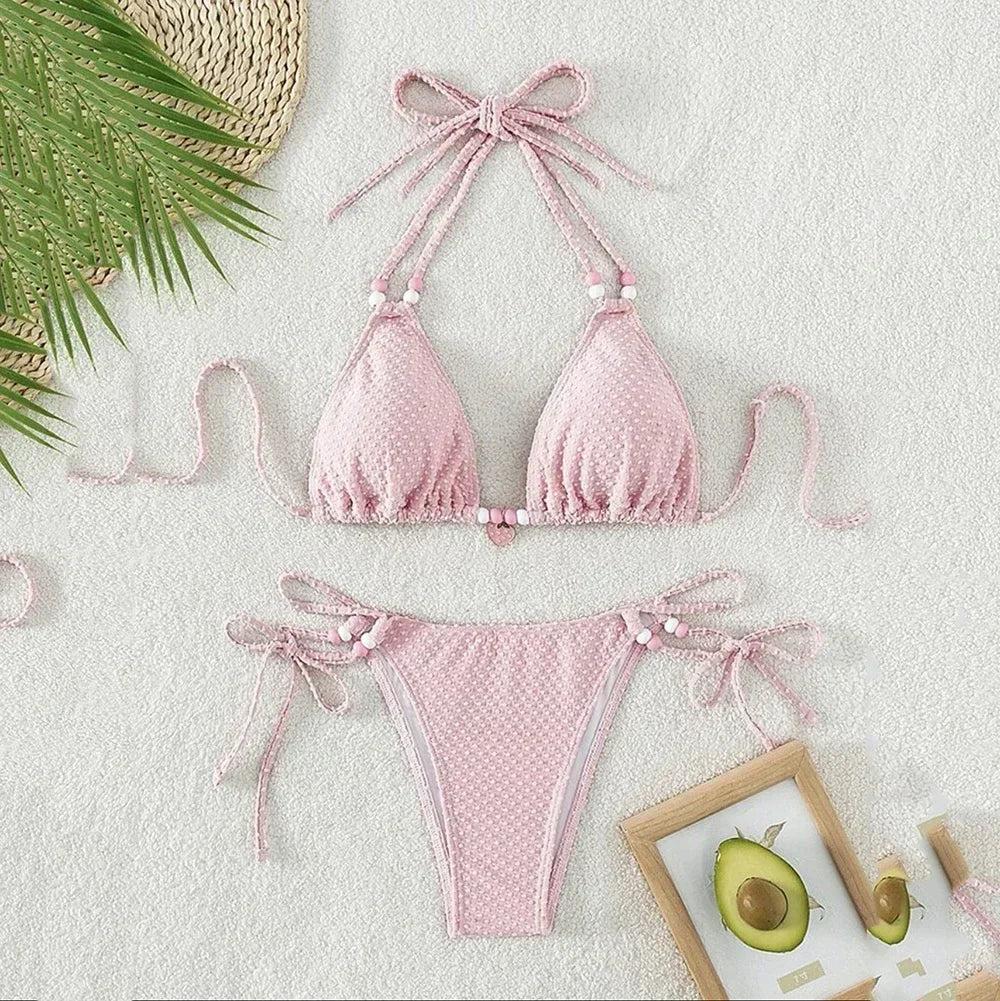 Sexy Pink Micro Thong Bikinis Sets Bead String Halter Swimwear Women Mini Swimsuit Bathing Suit Lace-up Biquinis Triangle Bikini