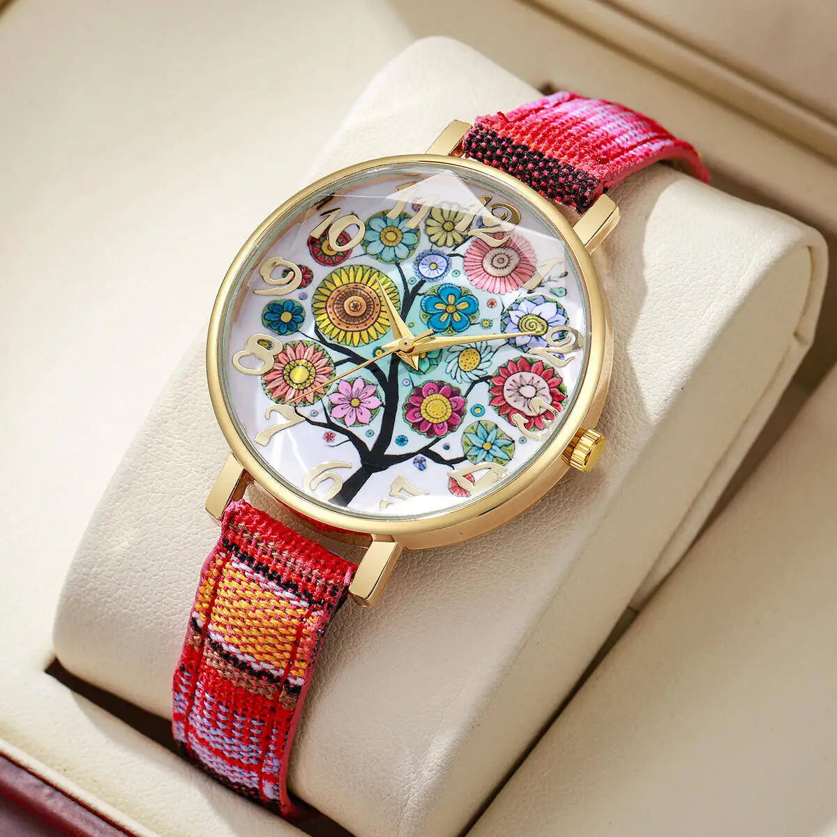 Fashion Women Watches Vintage Flowers Printed PU Strap Quartz Watch for Women Clock Gift Reloj Mujer（Without Box）