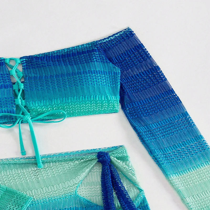 Blue Long Sleeve Swimsuit Bikinis Sets 3 Piece Women Front Lace-up Swimwear with Cover Up Mini Skirts Beach Wear Bathing Suit