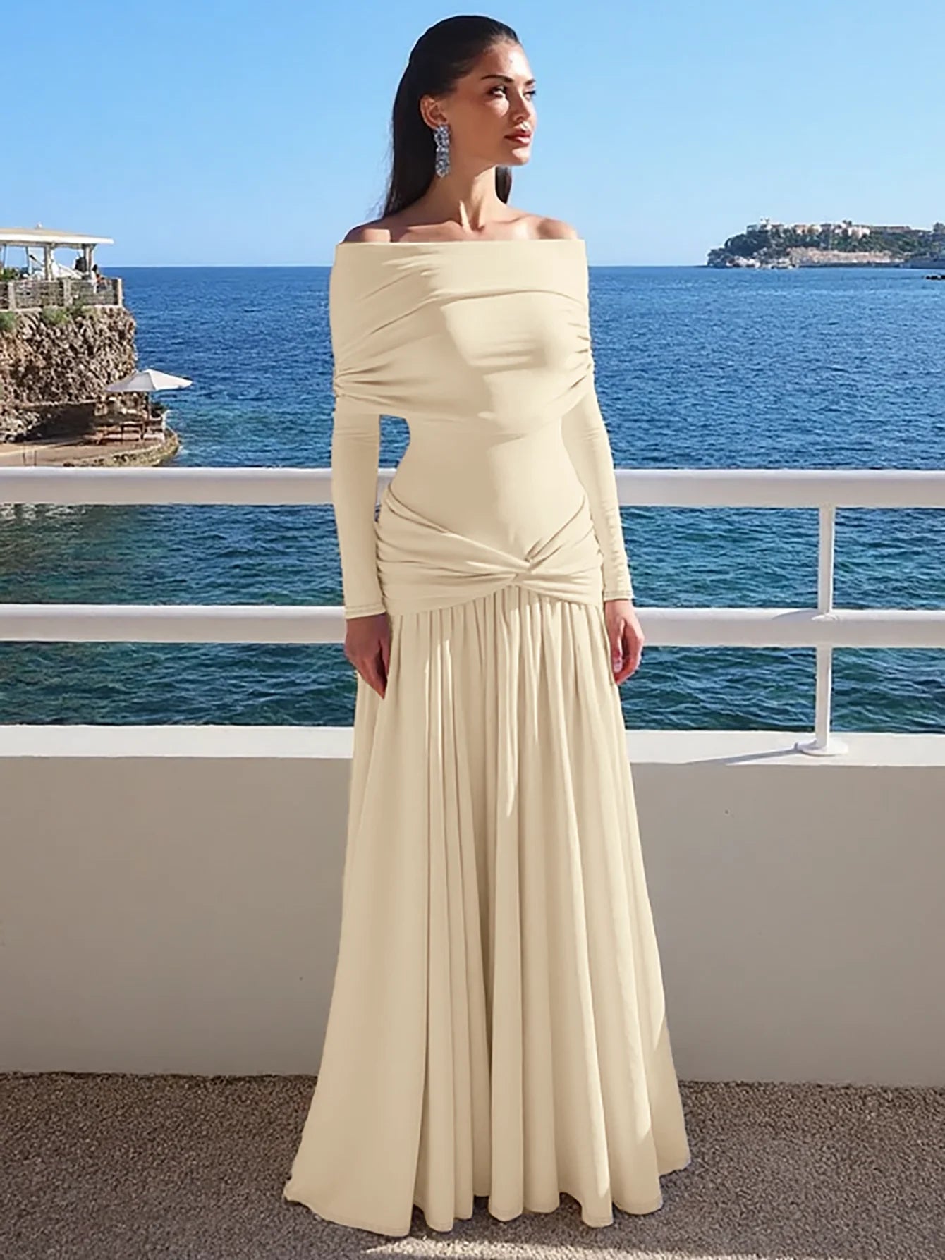 Dulzura Off Shoulder Long Sleeve Backless Ruched Slim Fit Pleated Long Dress Women'S Solid Sexy Dress Clothes Party Club Clothes