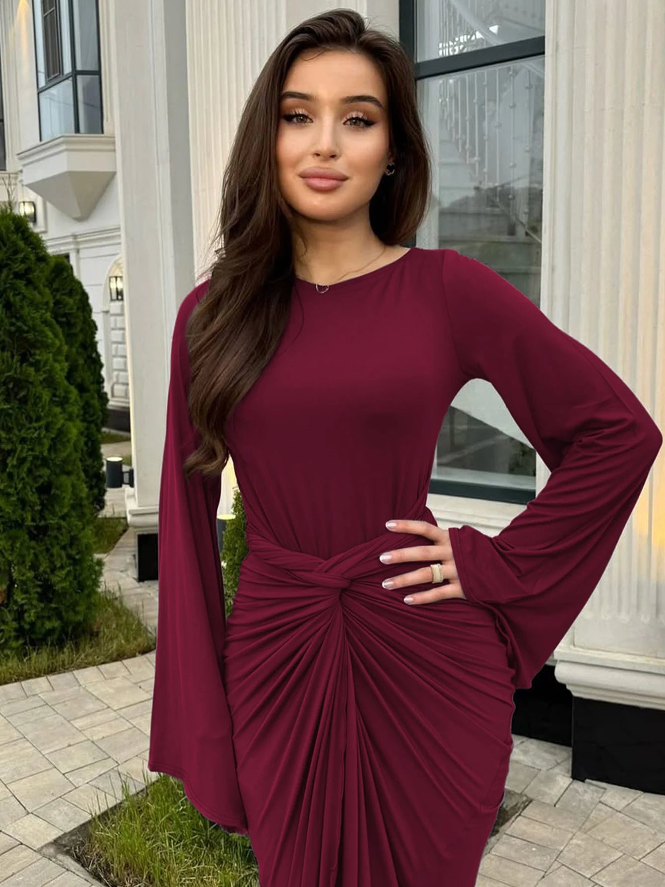 Dulzura Autumn Fashion Elegant O-Neck Long Flare Sleeve Ruched Slim Fit Ribbon Long Dress Women'S Solid Casual Party Club Outfit