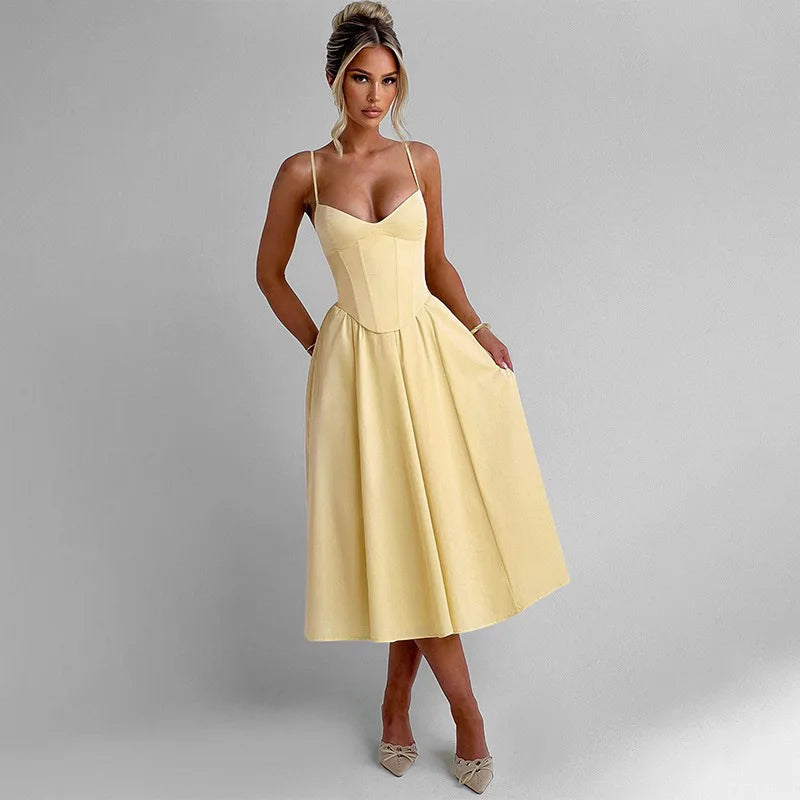 NIDANSSI 2025 Bodycon Slim Backless Evening Party Dress Women Robes Pleated Elegant Sexy Dress Midi Long Summer Dress Vestidos