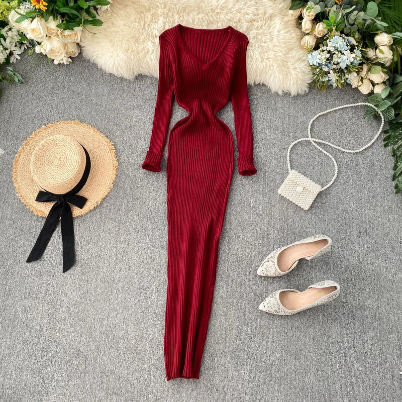 Women's Knitted Midi Dr Pure Color Long Sve Slim Fit High Waist V-Ne Korean Sle Faionable Autumn Winter Dr Wofashion.xyz