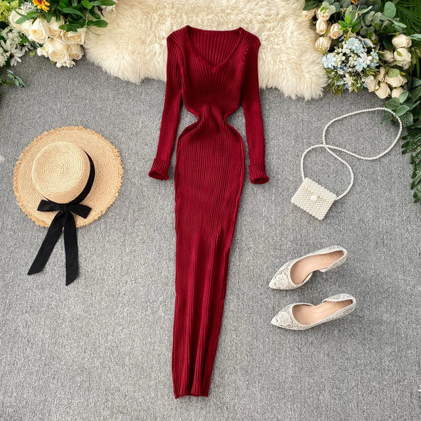 Women's Knitted Midi Dr Pure Color Long Sve Slim Fit High Waist V-Ne Korean Sle Faionable Autumn Winter Dr Wofashion.xyz