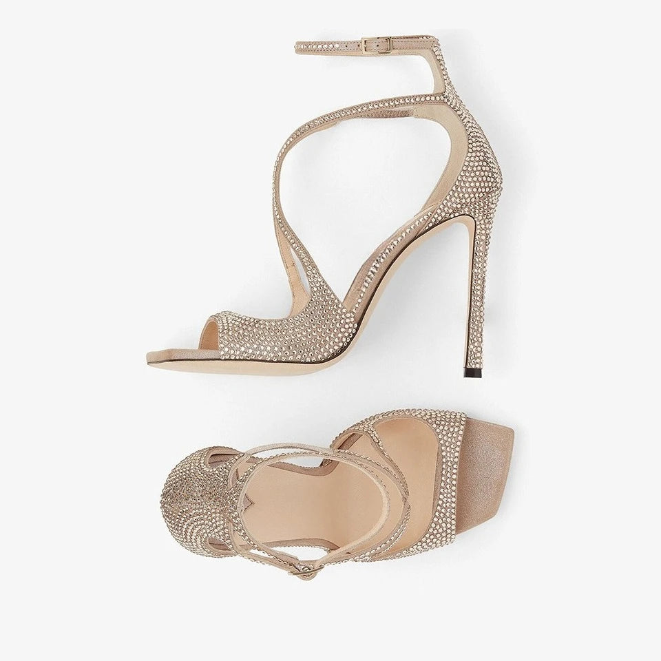 2025 Women's Spring/Summer New Style Glitter Material Fairy Style Cross Buckle with Stiletto High Heels and Open Toed Sandals