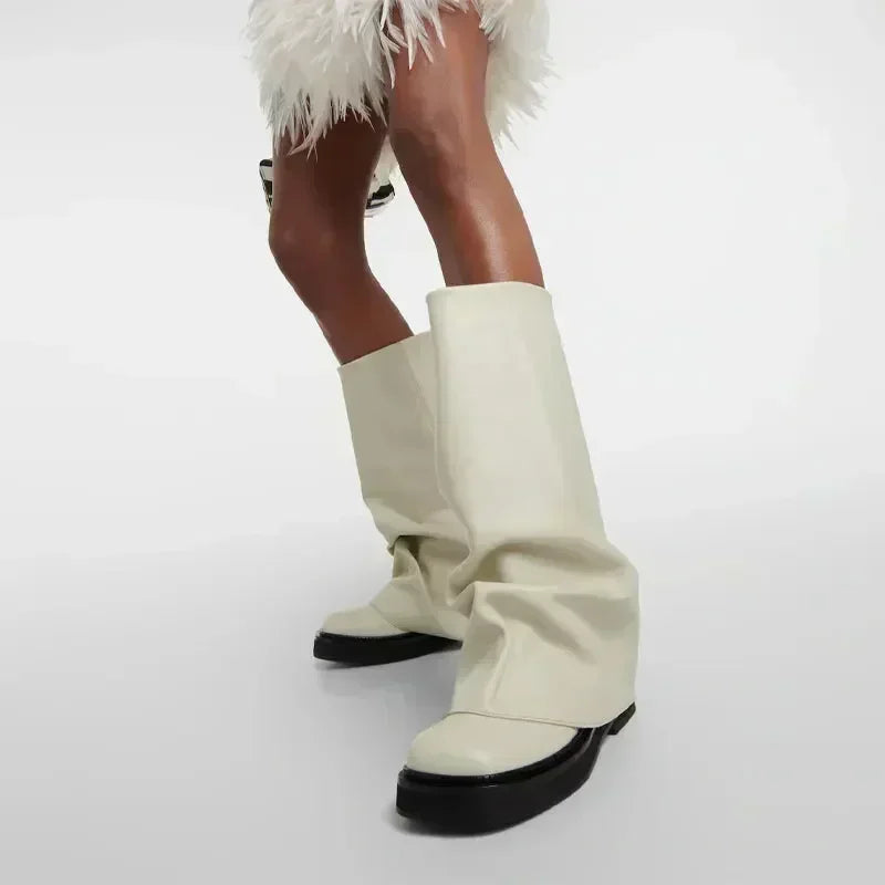 New Large Walled Flat Bottomed Round Toe Sleeve Knee High Pleated Women's Boots Retro Knight Boots Shoes for Women