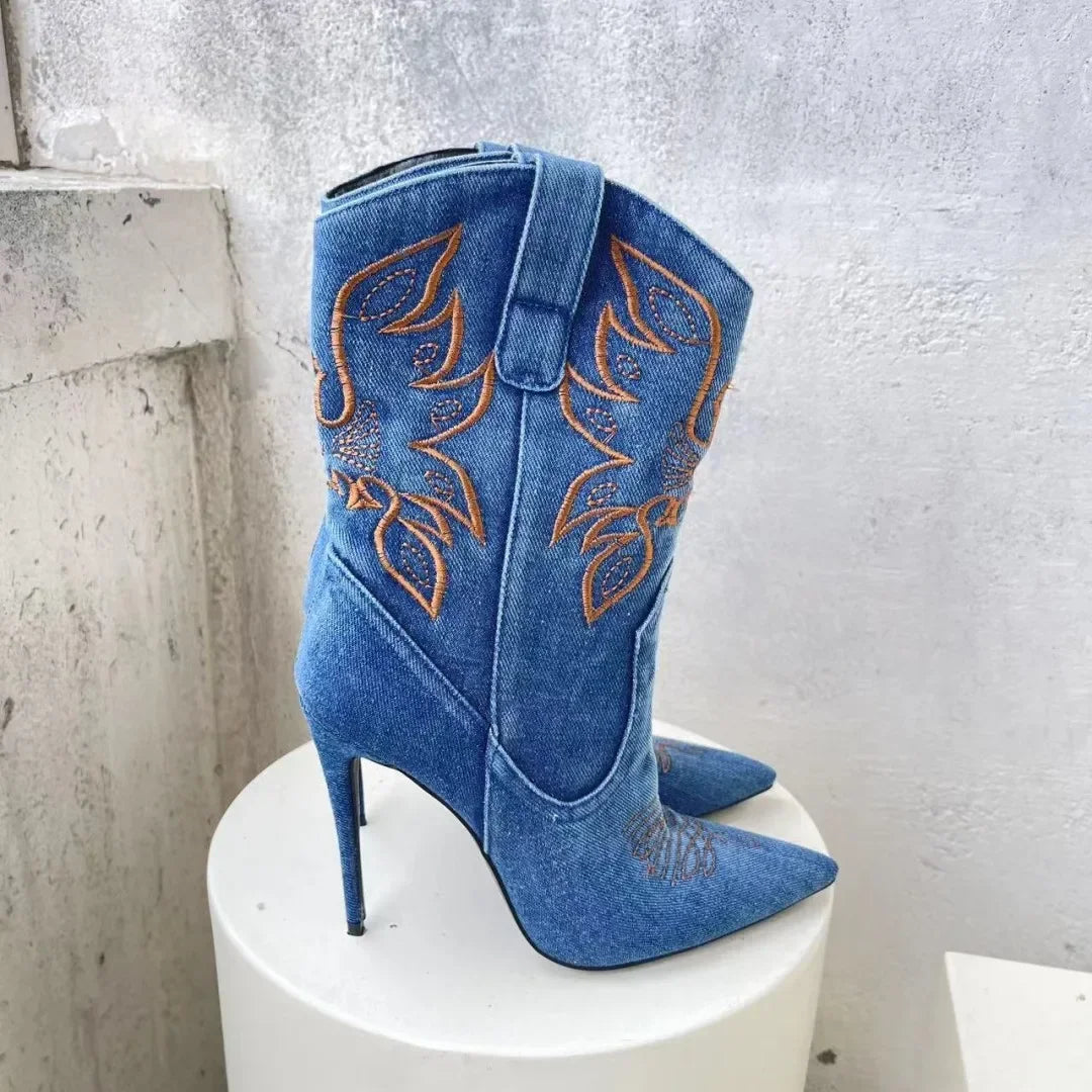 Women's Denim Western Cowboy Boots Pointed Toe Stiletto Heel, Sexy Embroidery Knight Runway Fashion Ankle Booties