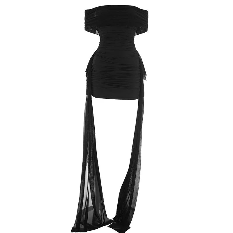 Mozision Off-shoulder Strapless Sexy Mini Dress Women Fashion Mesh Sleeveless Backless Draped Ruched Club Party Dress Female