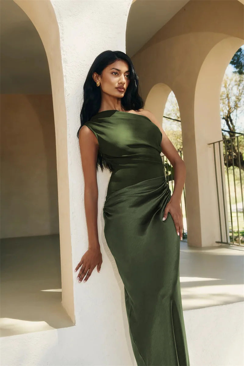 Mozision Satin Inclined Shoulder Sexy Maxi Dress Women Fashion Patchwork Sleeveless Backless Bodycon Evening Club Party Dress