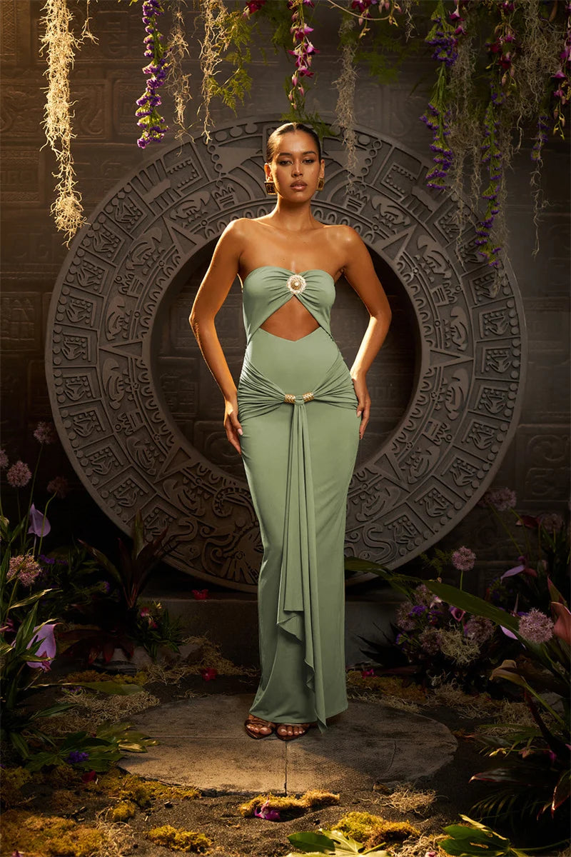 Mozision Hollow Out Backless Sexy Maxi Dress Women Gown Summer New Off-shoulder Strapless Sleeveless Ruched Club Long Dress