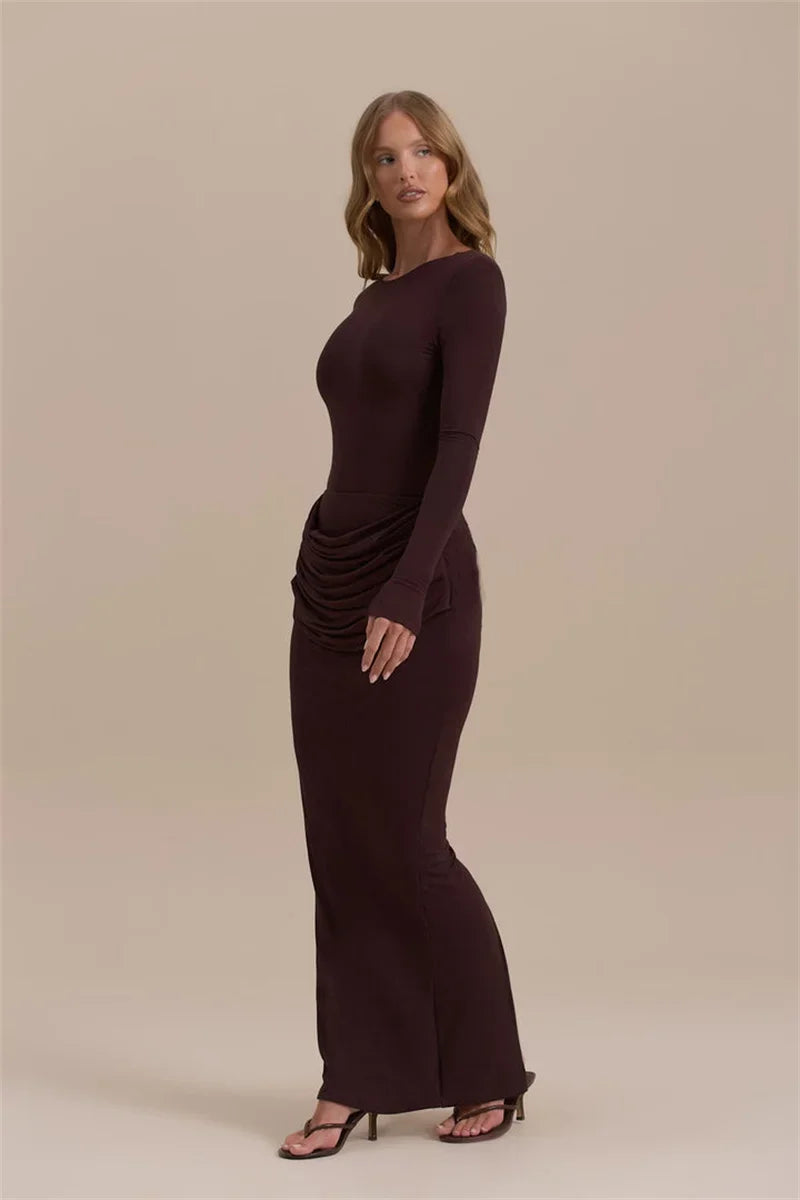 Long Sleeve Ruched Sexy Maxi Dress For Women Gown Autumn Winter New O Neck High Waist Bodycon Club Party Long Dresses