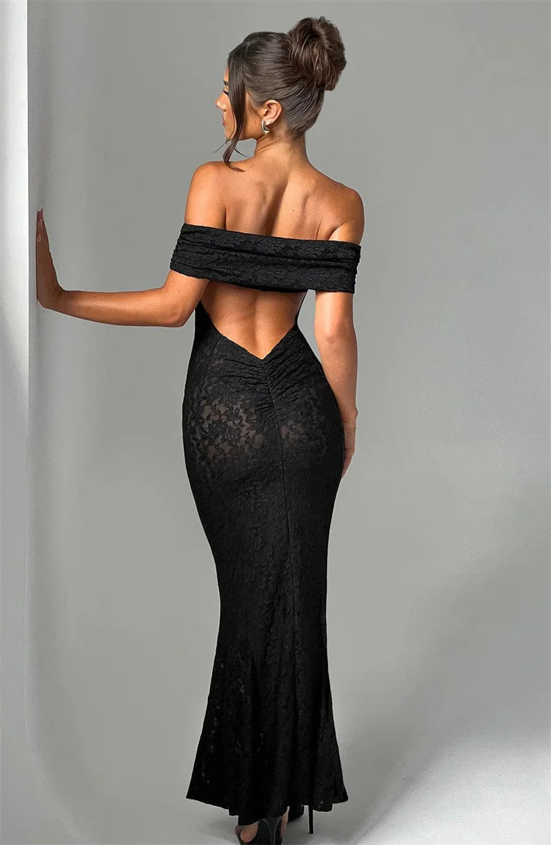 Mozision Hollow Out See Through Sexy Maxi Dress Women Elegant Off-shoulder Strapless Backless Sleeveless Club Party Dress