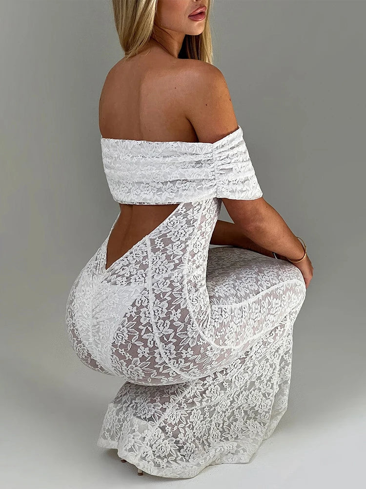 Mozision Hollow Out See Through Sexy Maxi Dress Women Elegant Off-shoulder Strapless Backless Sleeveless Club Party Dress