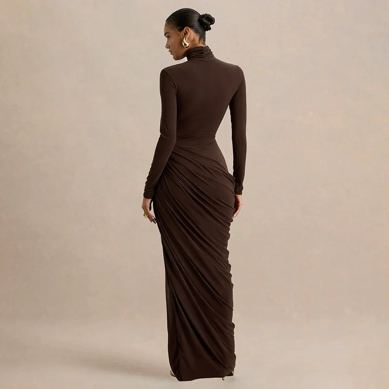 Mozision Turtleneck Long Sleeve Sexy Maxi Dress Women Elegant Autumn Winter High Waist Ruched Thigh High Split Club Long Dress
