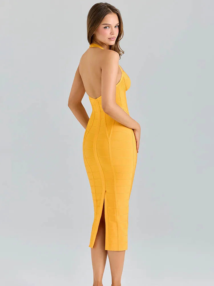 Mozision Backless Bandage Sexy Midi Dress Women Fashion Halter Off-shoulder Sleeveless Backless Bodycon Club Party Long Dress