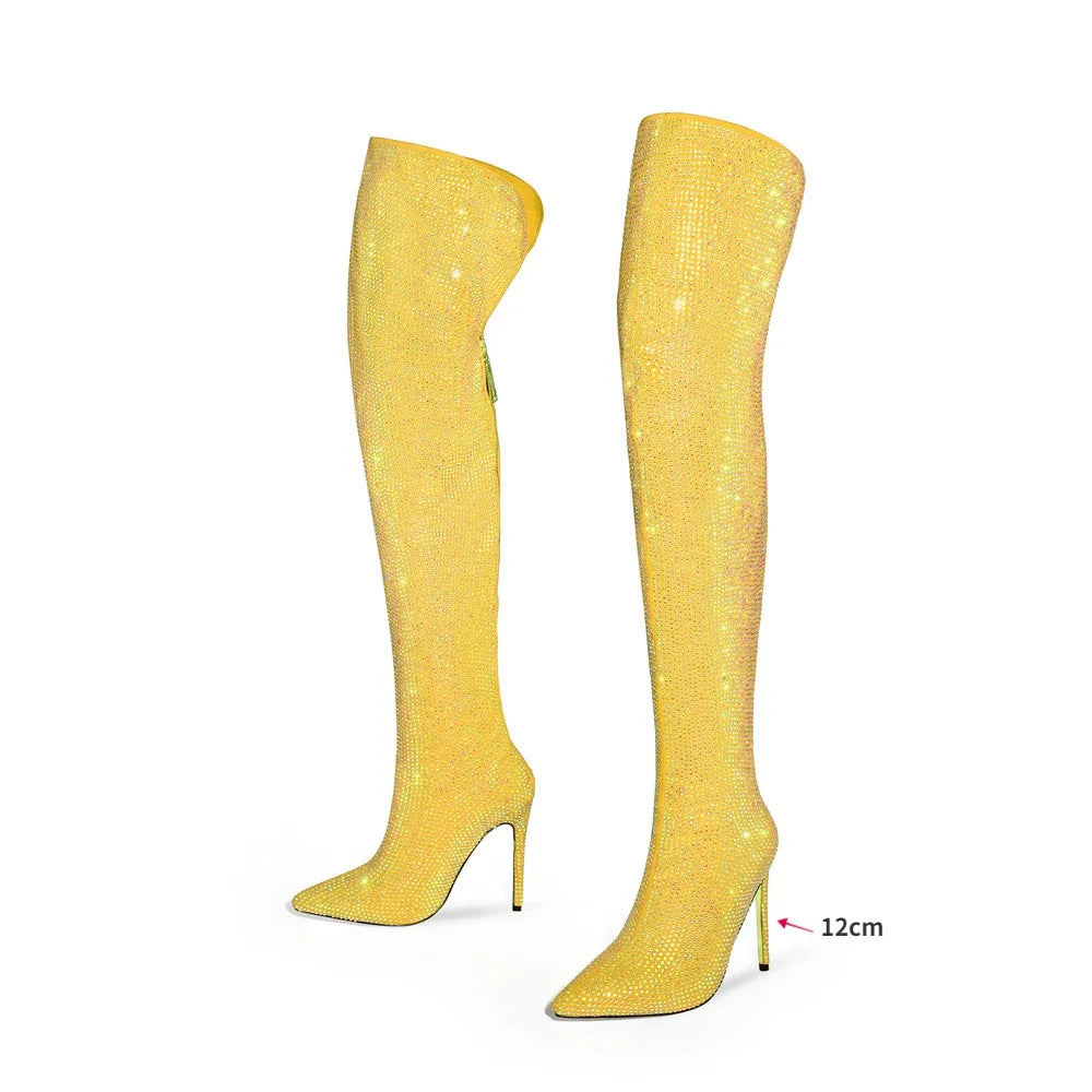 High quality European and American knee length rhinestone pile boots for women's sexy slim high heeled pointed runway boots