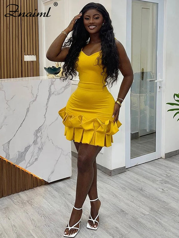 Znaiml Sexy Ruffle Bodycon Spaghetti Strap Sheath Yellow Mini Dresses Women V Neck Backless Birthday Prom Night Evening Vestidos Wofashion.xyz