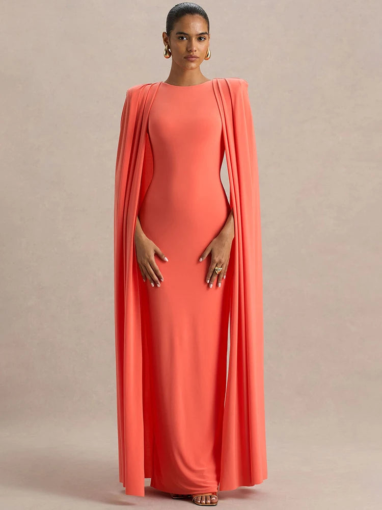 Mozision Cape Sleeve Sexy Maxi Dress Women Gown Elegant Fashion Zipper O Neck High Waist Split Club Party Long Dresses Female