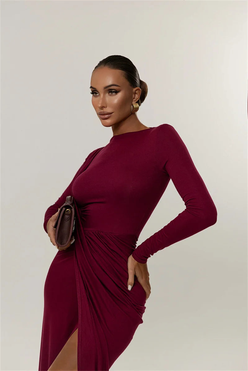Mozision Long Sleeve Thigh High Split Sexy Maxi Dress Women Gown Elegant O Neck Draped Ruched Bodycon Club Party Long Dresses