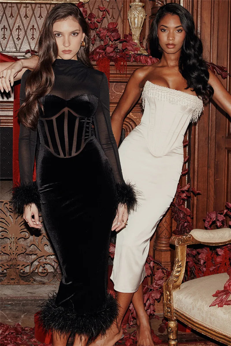 Mozision Elegant Feather Sexy Midi Dress For Women Black Fashion Sheer Long Sleeve Backless Bodycon Club Party Long Dress