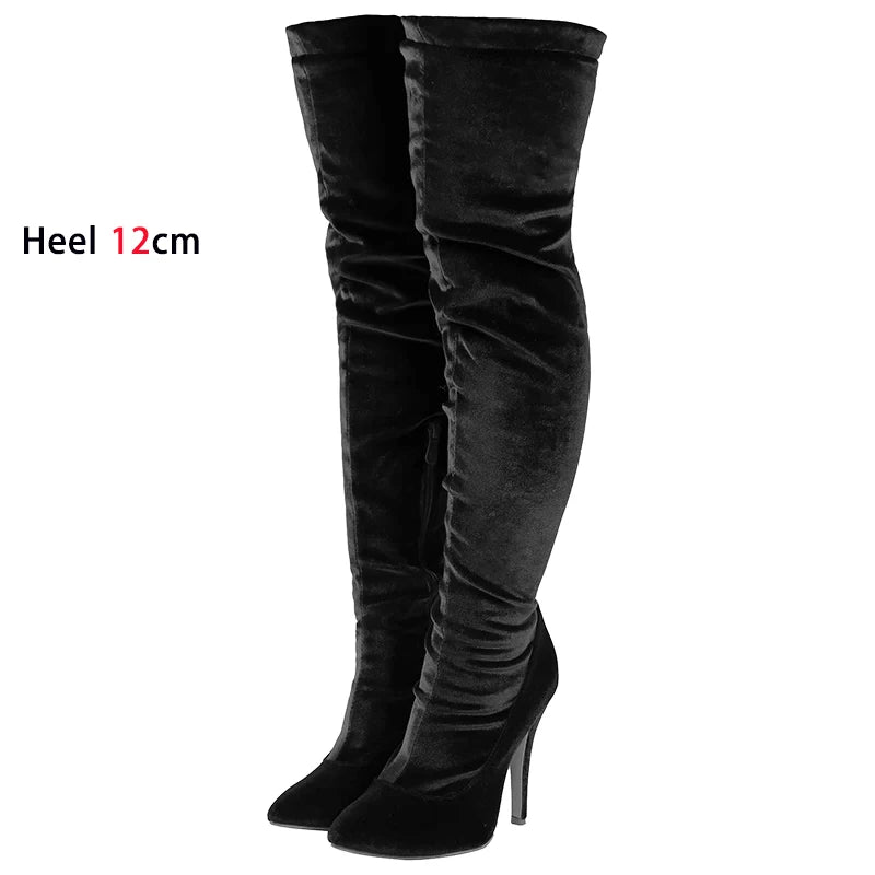 Velvet Long Boots For Women 2024 New Spring Autumn Over Knee Shoes Lady Pointed Toe Stiletto Heels Plus Size Elastic Thigh Boots