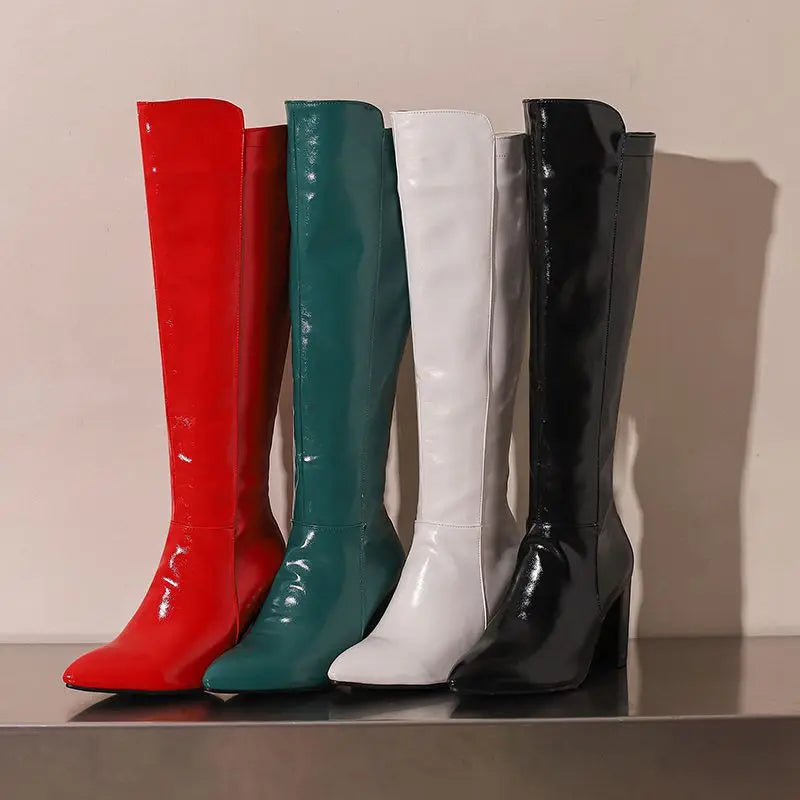 REAVE CAT Sexy Female Knee High Boots Pointed Toe Chunky Heels 8.5cm Big Size 46 47 48 Fashion Party Women Booties