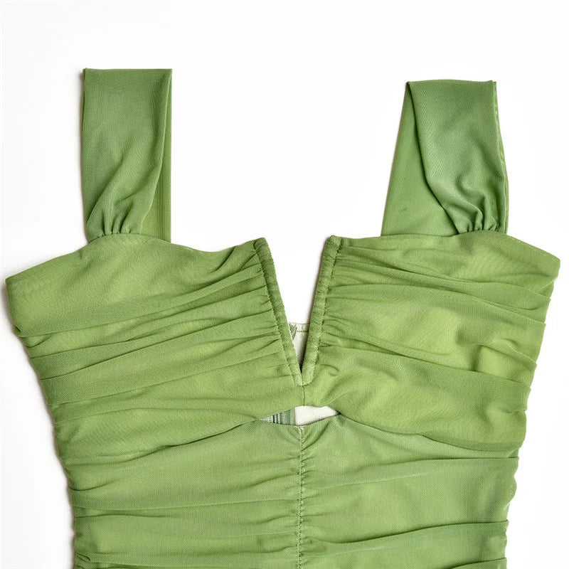 Mozision Hollow Out Backless Ruched Maxi Dress For Women Mesh Elegant Spaghetti Strap Sleeveless Bodycon Party Long Dress