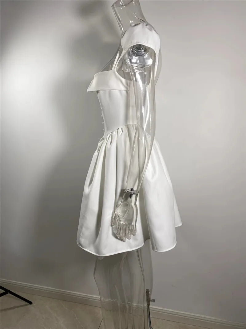 Mozision White Backless Sexy Mini Dress For Women Fashion Square Collar Short Sleeve High Waist A-line Club Party Sexy Dress