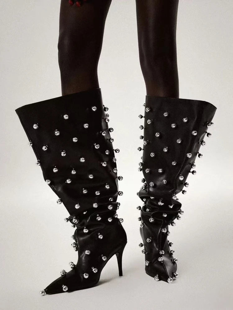 European Niche Design, High-quality Slim High Heels, Wide Knee Boots, Women's Fashionable and Sexy Studded Pleated Sleeve Boots