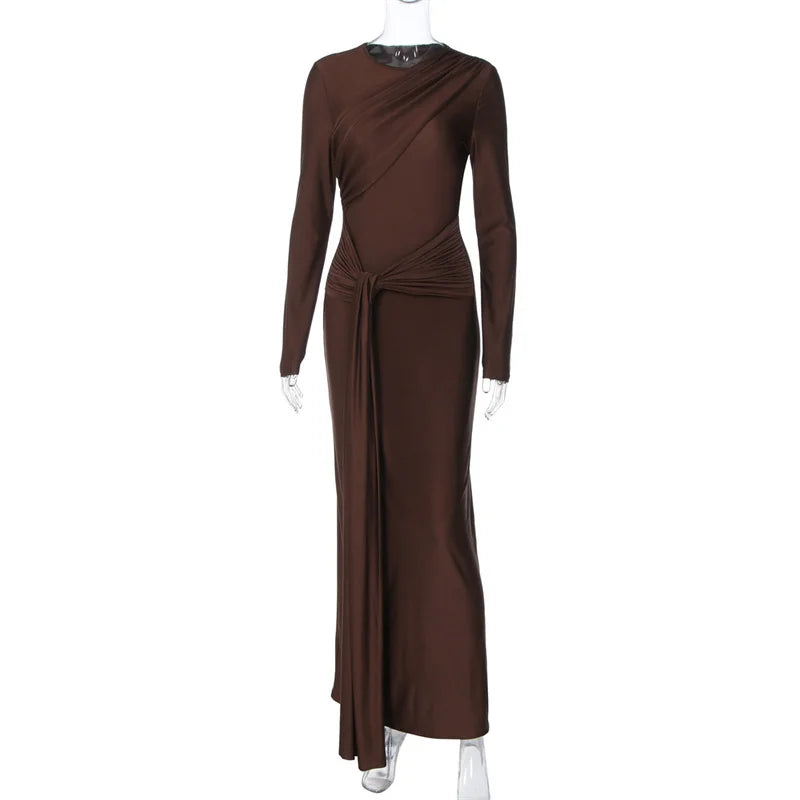 Mozision Long Sleeve Draped Ruched Sexy Maxi Dress Women Gown Elegant O Neck High Waist Bodycon Club Party Long Dresses Female