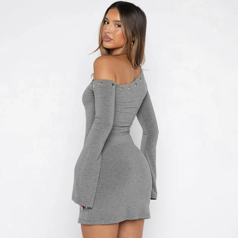 Mozision Inclined Shoulder Long Sleeve Sexy Mini Dress Women Fashion Hollow Out One Shoulder Backless Club Party Dress Female