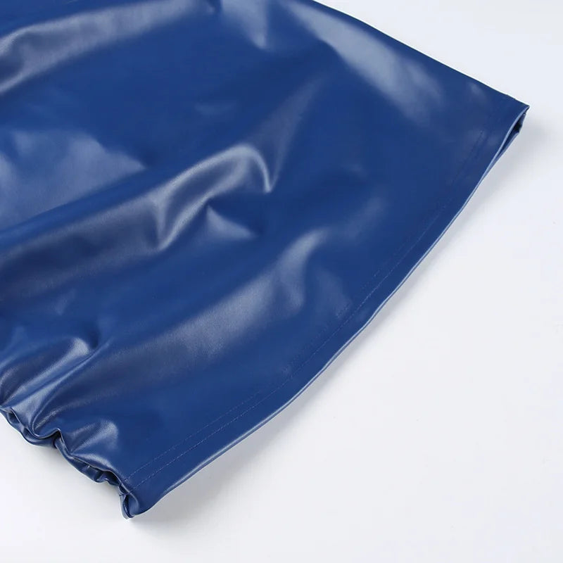 Mozision Winter New Sleeveless PU Leather Mini Dress For Women Robe Turtleneck Bodycon Ruched Sexy Short Dress Vestido