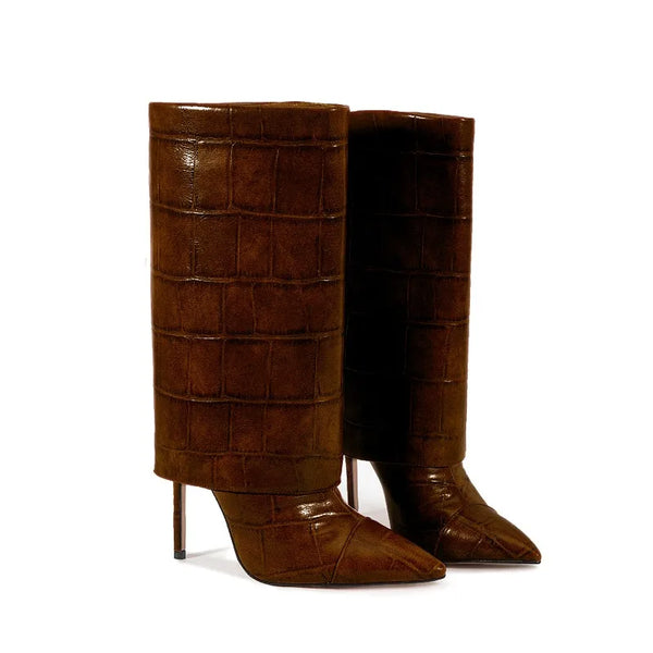 European and American Style High-heeled Wide Tube Sleeve Skirt Boots for Women, Niche Stone Patterned Fashion Banquet Shoes Wofashion.xyz