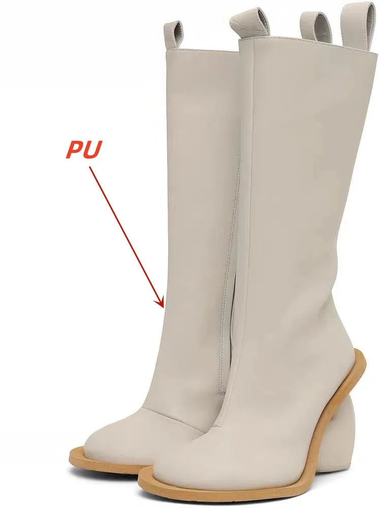 2024 New Women's Genuine Leather Mid Top Boots Fashion Round Toe High Heel Ankle Shoes with Zipper Stylish Comfortable Footwear