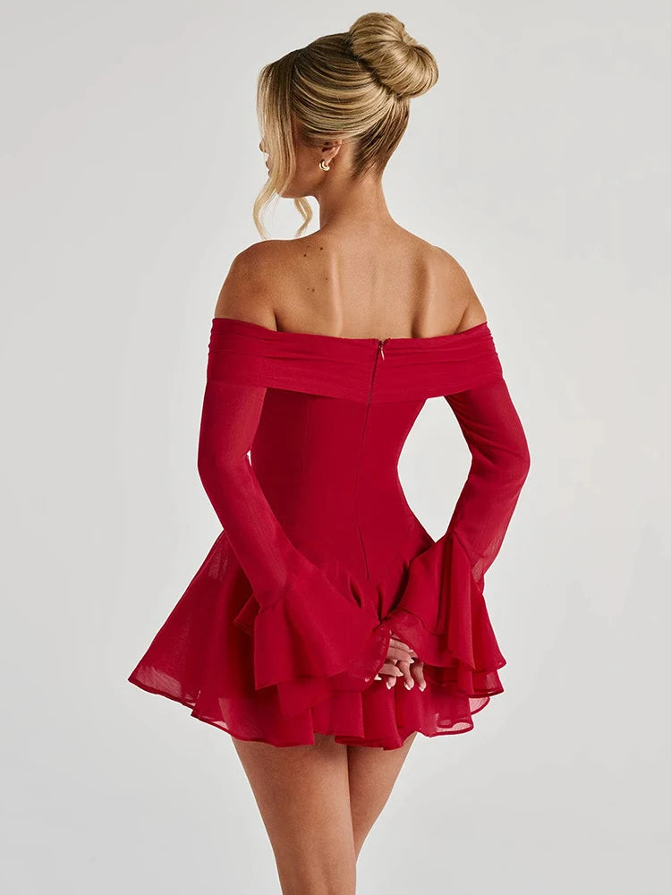 Mozision Strapless Long Flare Sleeve Sexy Mini Dress For Women Robe Off-shoulder Backless High Waist A-line Club Party Dress