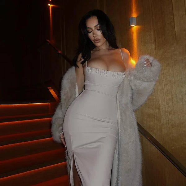 NIDANSSI Beading Split Evening Club Party Dress Women Robes Backless Elegant Sexy Dress Bodycon Midi Long Summer Dress Vestidos Wofashion.xyz