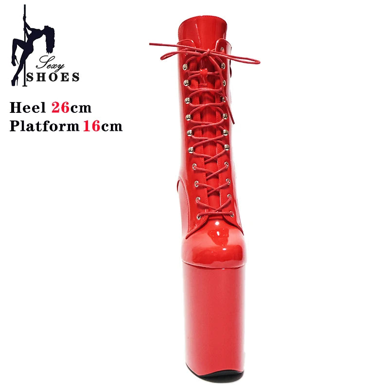 New 26cm/10inchs Super High Heels Women's Boots Stiletto Matte Black Patent Leather Zipper Ankle Boot Pole Dance Striptease Shoe