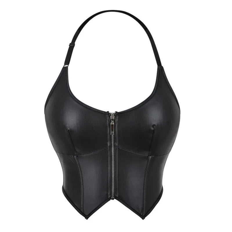 Women Sexy Faux Leathe Overbust Corset Crop Tops Gothic Zipper Halter Bustier Ladies Push Up Body Shaper Lingerie Corselet