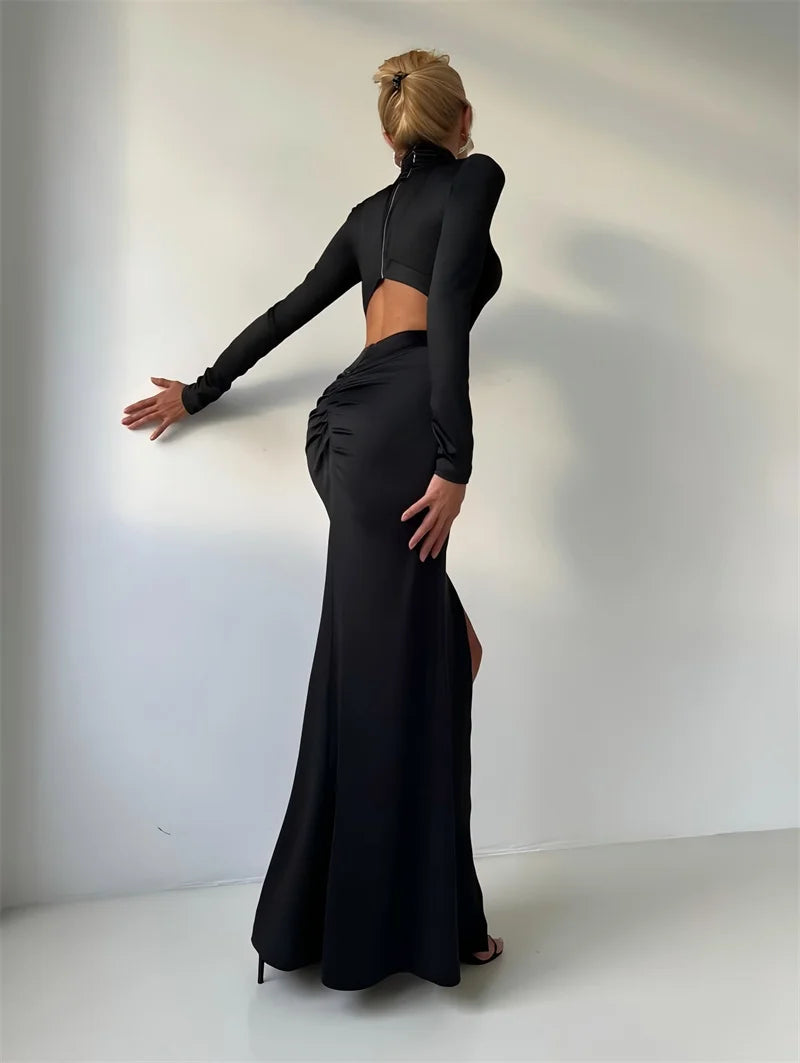 Mozision Turtleneck Backless Sexy Maxi Dress Women Gown Autumn Winter Elegant Long Sleeve Thigh High Split Club Party Long Dress