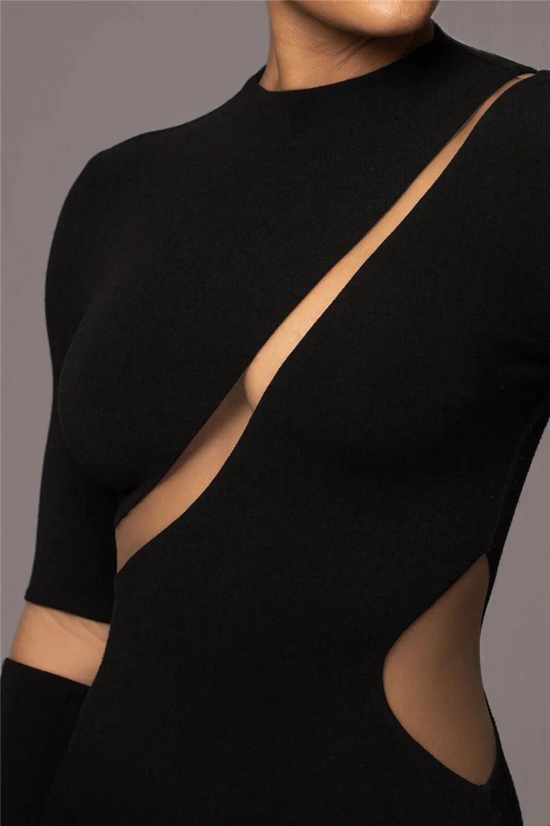 Mozision Turtleneck Long Sleeve Bodycon Maxi Dress For Women Autumn New Patchwork Hollow Out Club Party Sexy Long Dress Vestidos