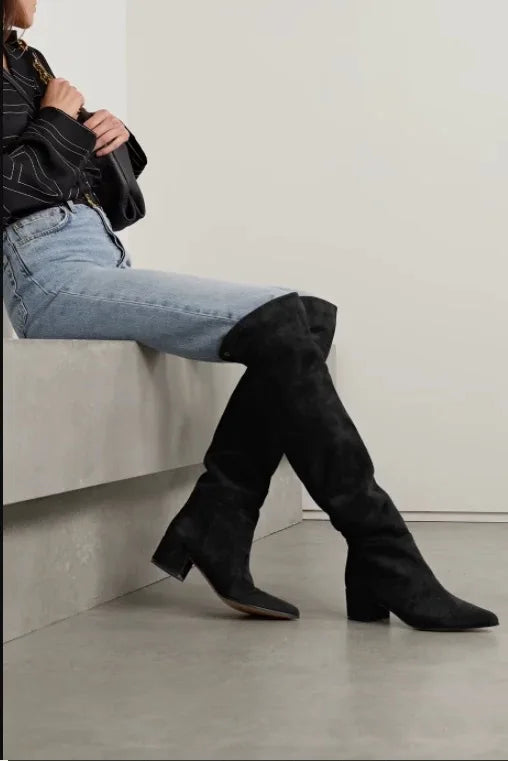 Ladies' Autumn and Winter Suede Thick High-heeled Oversized Knee High Boots, European and American Sexy Versatile Sleeve Boots