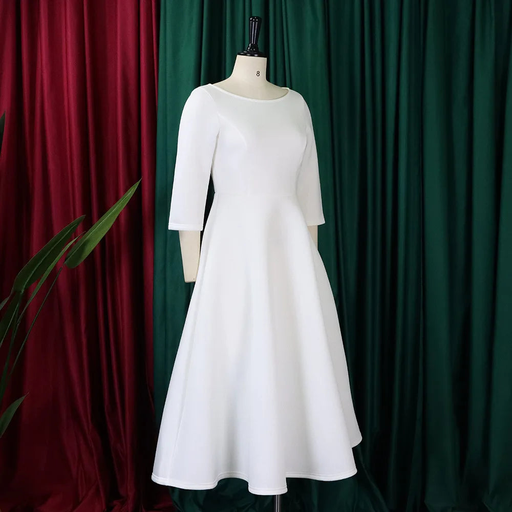 Elegant Party Dress for Woman 2024 Modern O Neck Three Quarter Sleeve High Waisted A Line Mid Calf Birthday Dinner Wedding Cloth