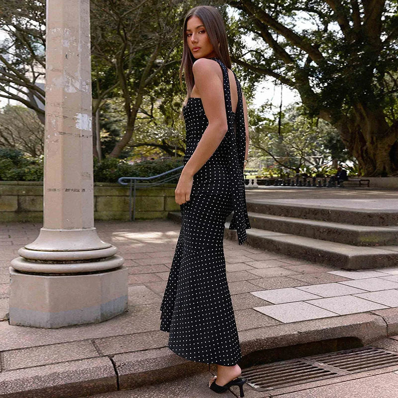 Mozision Polka Dot Strapless Sexy Maxi Dress Women Gown Elegant Scarf Collar Off-shoulder Backless Sleeveless Club Party Dress