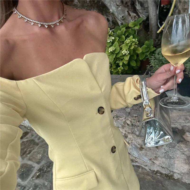 Mozision Off-shoulder Strapless Sexy Blazer Dress For Women Fashion Solid Zipper Two Pocket Long Sleeve Backless Mini Dress