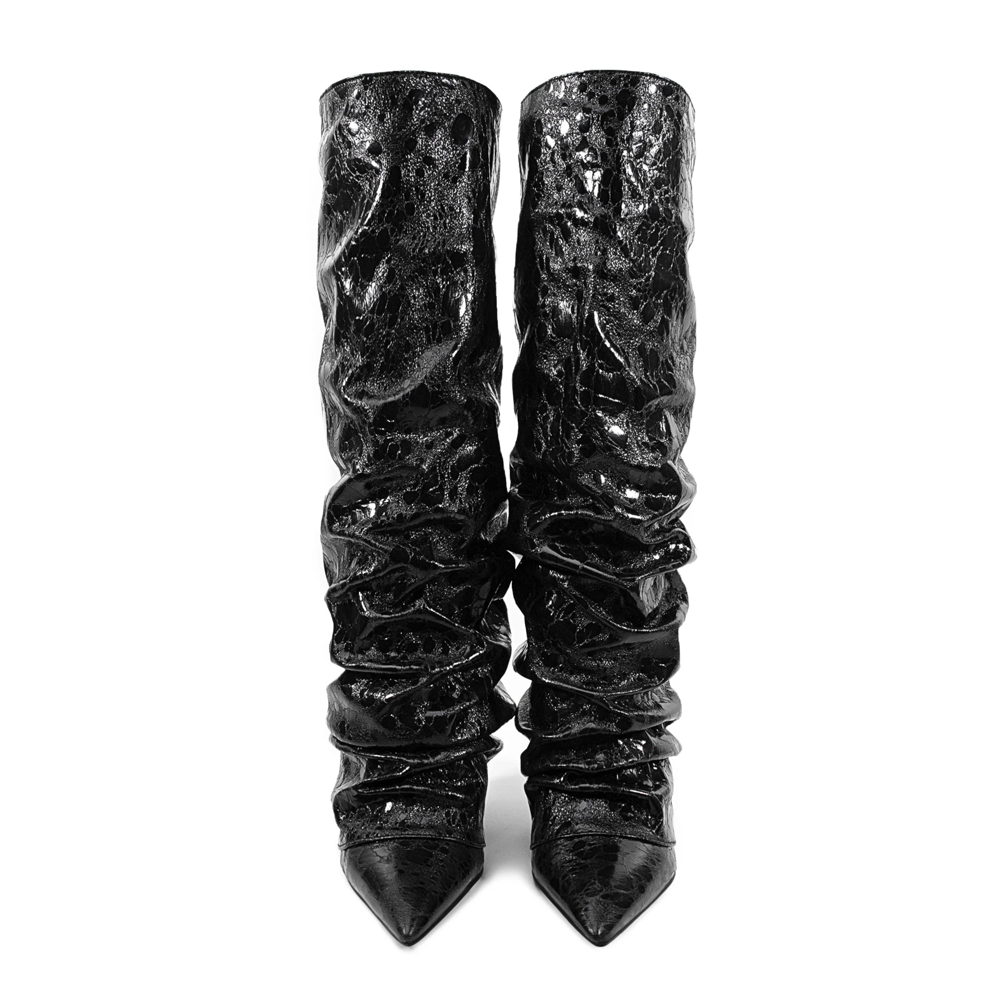 2025 European AndAmerican Women's Autumn and Winter Super Migration Coarse High Heels Fashion Pleated Pointed Sleeve Skirt Boots