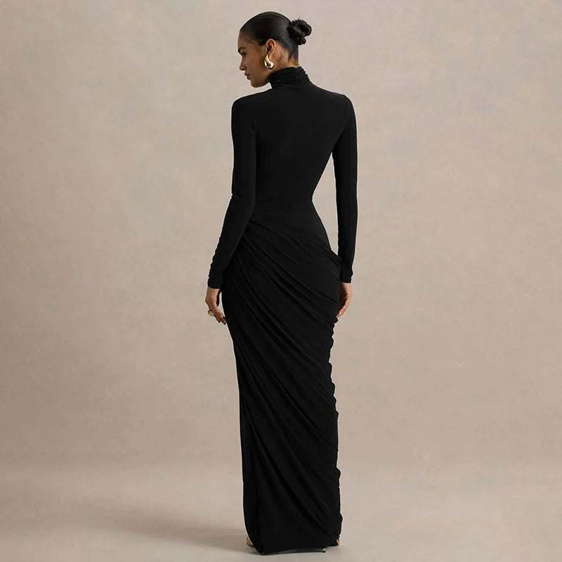 Mozision Turtleneck Long Sleeve Sexy Maxi Dress Women Elegant Autumn Winter High Waist Ruched Thigh High Split Club Long Dress