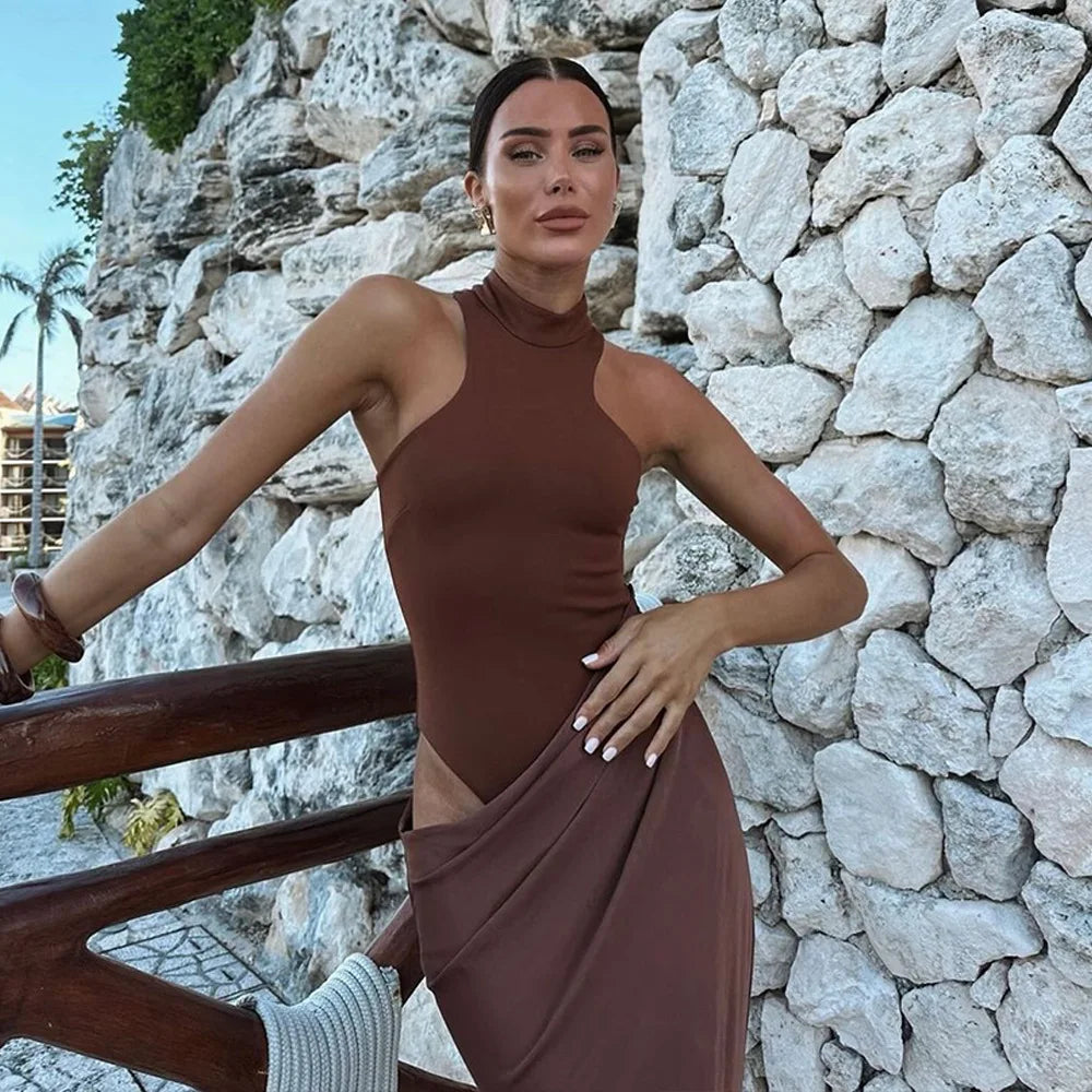 Mozision Women Sexy Party Club Evening Bodycon Sleeveless Long Dress Backless Soild Color Elegant Summer Dress