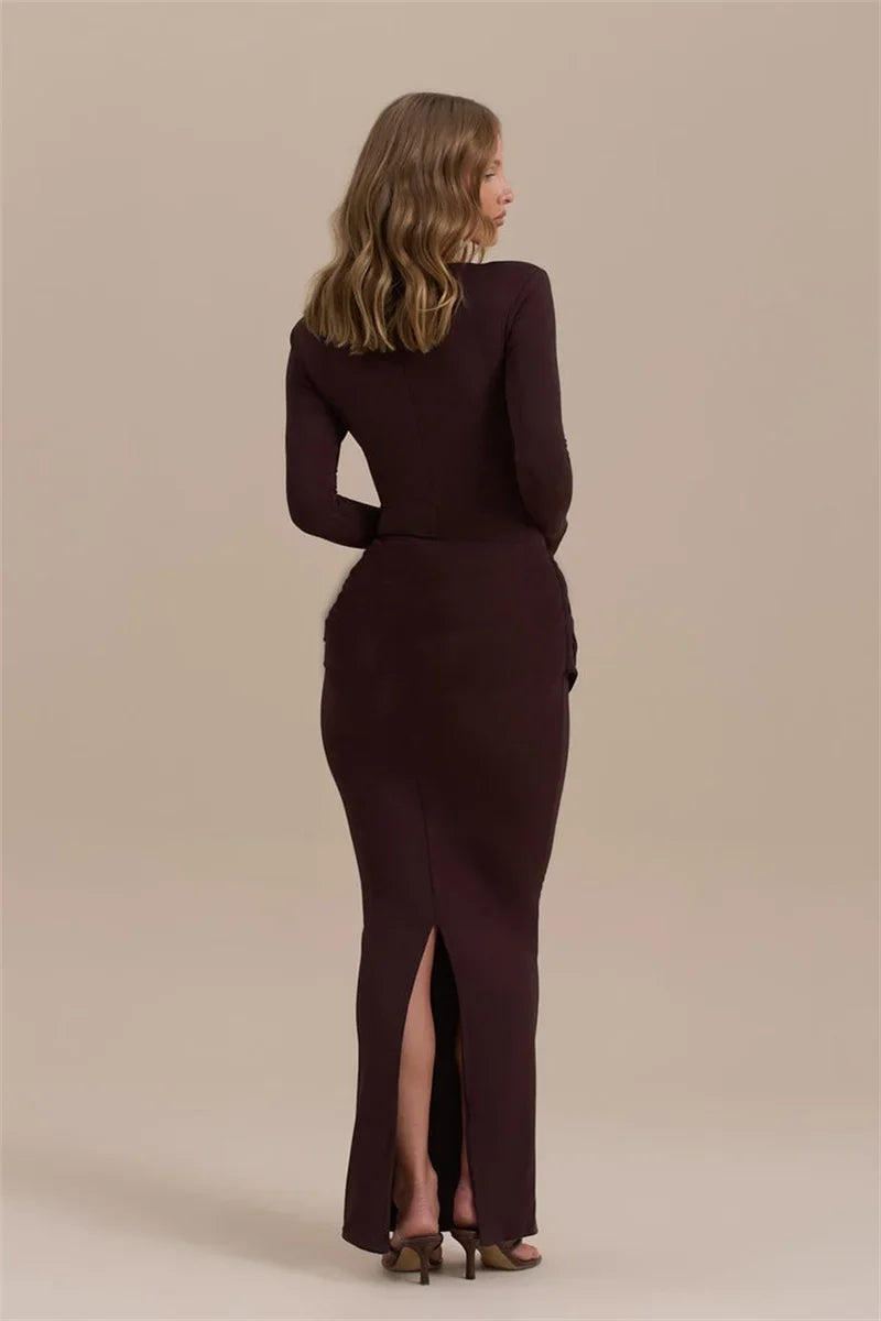 Long Sleeve Ruched Sexy Maxi Dress For Women Gown Autumn Winter New O Neck High Waist Bodycon Club Party Long Dresses