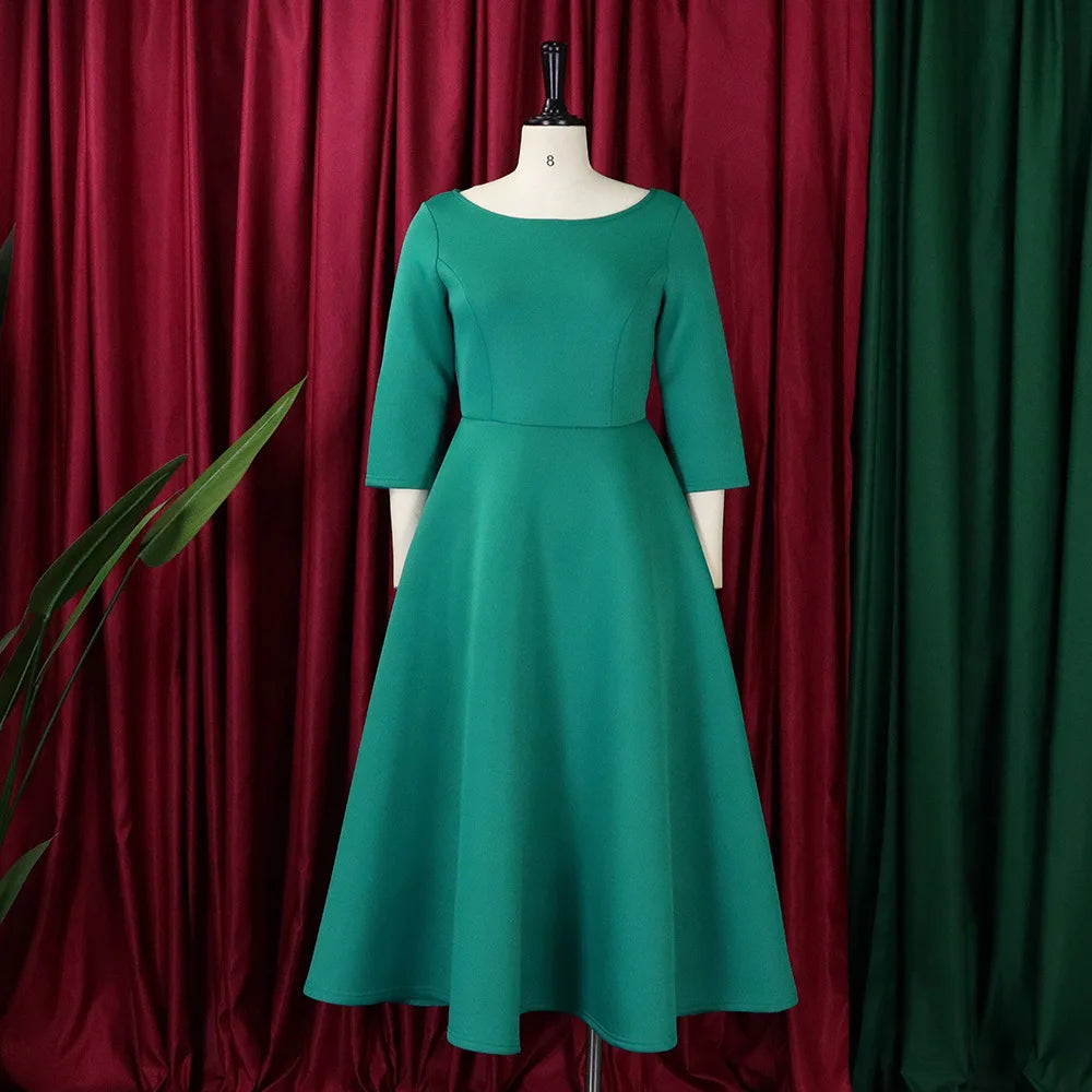 Elegant Party Dress for Woman 2024 Modern O Neck Three Quarter Sleeve High Waisted A Line Mid Calf Birthday Dinner Wedding Cloth